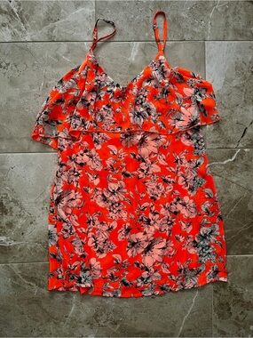Floral Ruffle Mini Dress in Bright Coral